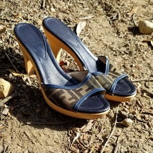 Fendi Open Toe Kitten Heel Zucca Print Navy